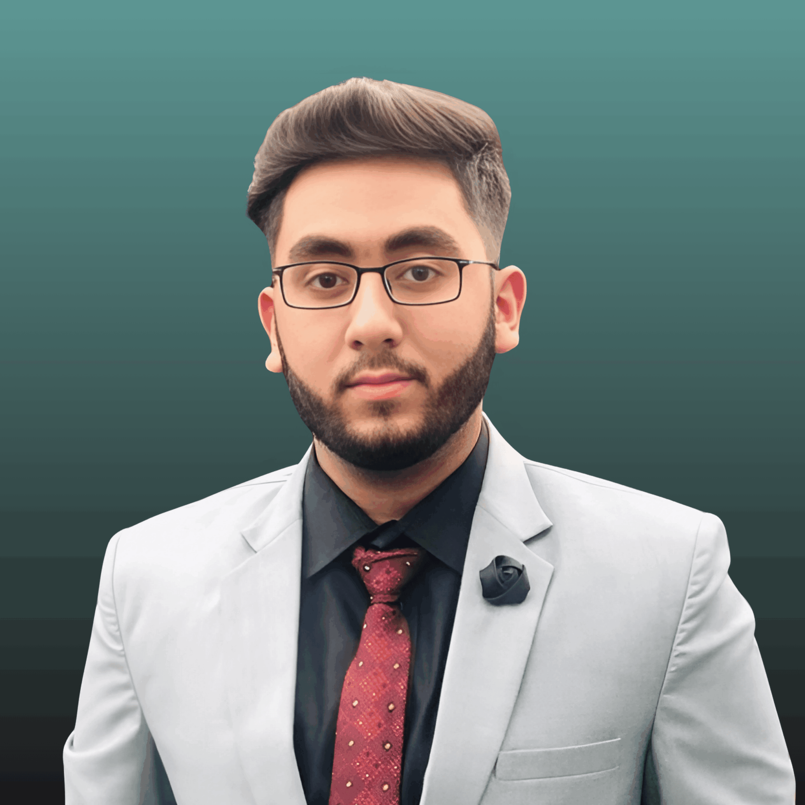 Portrait of a man in a light gray suit, dark shirt, and red patterned tie against a teal gradient background, eyes looking forward.